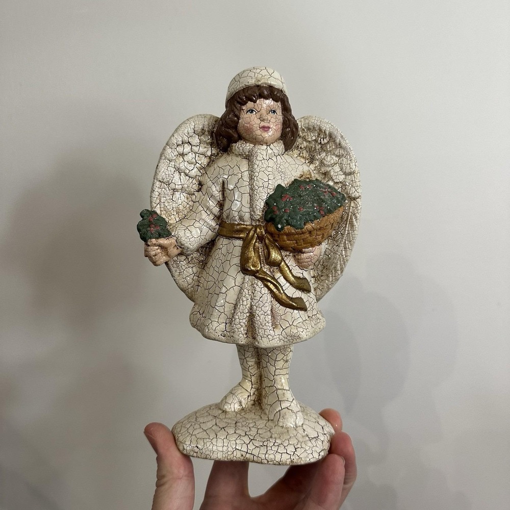 VTG Victorian Christmas Girl Angel Figurine Crackle Glaze‎ 8" Winter Rustic